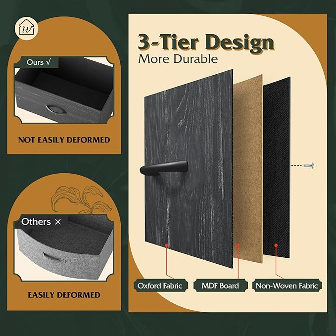 WLIVE Fabric Dresser, 5-Drawer Tall Dresser for Bedroom, Storage Dresser Organizer with Fabric Bins, Wood Top, Sturdy Steel Frame, Chest of Drawers for Closet, Hallway, Charcoal Black Wood Grain Print