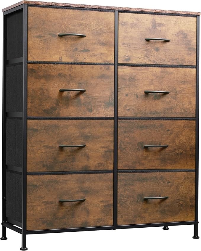 WLIVE Fabric Dresser for Bedroom, Tall Dresser with 8 Drawers, Storage Tower with Fabric Bins, Double Dressers, Chest of Drawers for Closet, Living Room, Hallway, Dorm, Rustic Brown Wood Grain Print