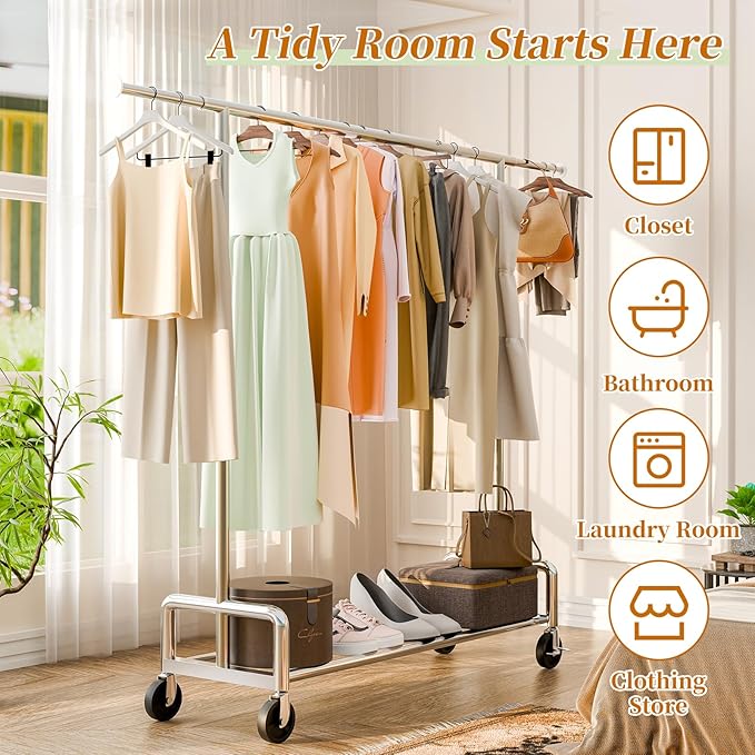 Simple Trending Heavy Duty Clothing Clothes Rack with Wheels for Hanging, Metal Rolling Garment Rack Organizer Load 500 LBS, Chrome