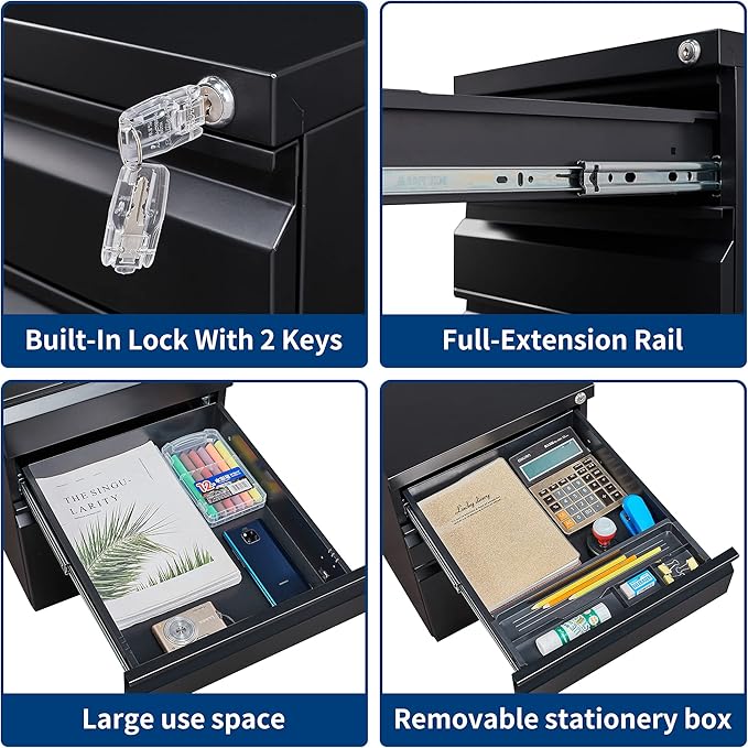 3 Drawers File Cabinet with Lock Metal Vertical File Cabient with Wheels Mobile File Cabinet for Office Home,Fully Assembled