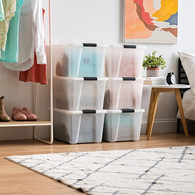 IRIS USA 40 Qt Stackable Plastic Storage Bins with Lids, 6 Pack - BPA-Free, Made in USA - Discreet Organizing Solution, Latches, Durable Nestable Containers, Secure Pull Handle - Pearl