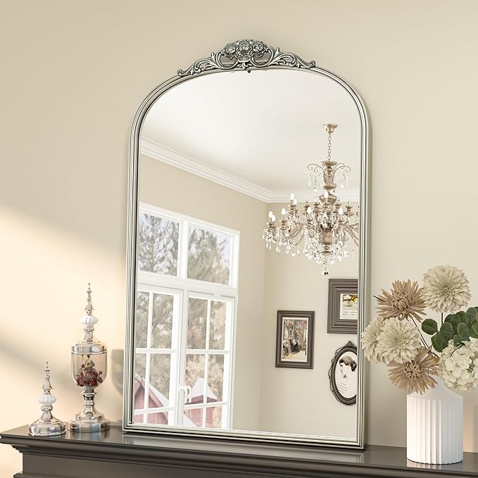Keonjinn Vintage Mirror 24" x 36", Antique Mirrors for Wall Decor, Silver Arched Decorative Mirror for Mantle, Hallway, Living Room, Fireplace, Bedroom, Bathroom Mirror with French Cleat Mounting