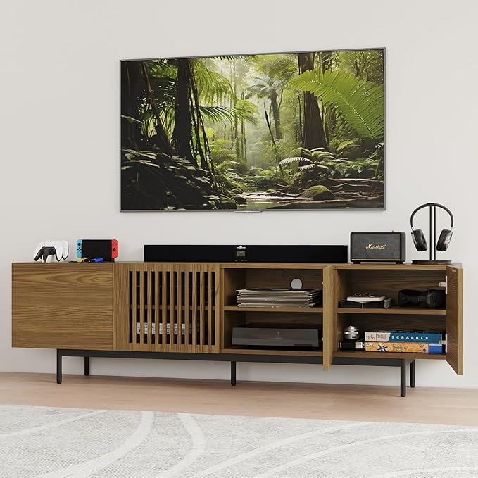 POVISON Full Assembled Mid-Century Modern TV Stand with Slatted Doors, Wood Media Console for 75 Inch TV, TV Console with Tall-cast Metal Legs, Entertainment Center with Storage for Living Room