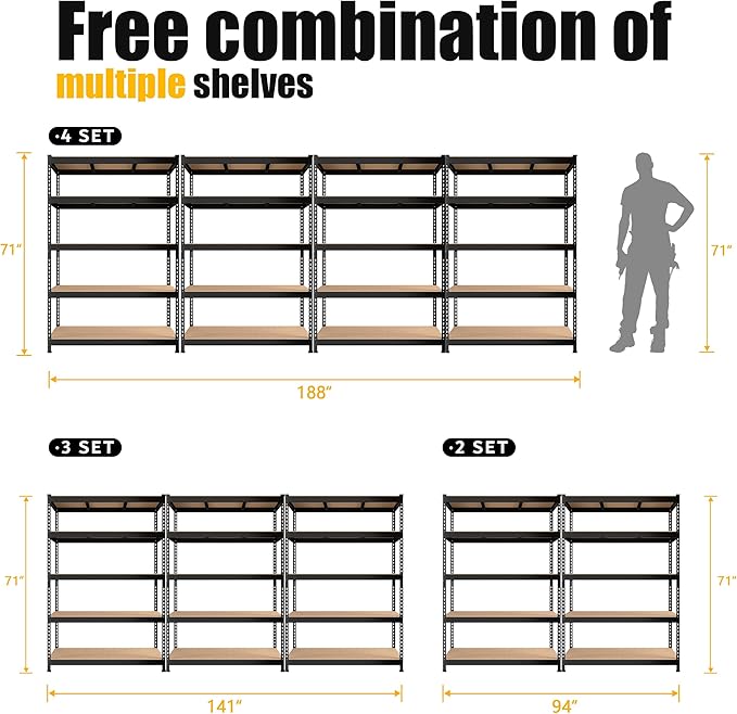 PrimeZone 48" W x 18" D x 72" H Garage Shelving Heavy Duty - Adjustable Metal Storage Shelves, 5 Tier Industrial Shelving Unit, Utility Shelf Rack for Basement, Warehouse, Pantry, Closet, Black, 2Pack