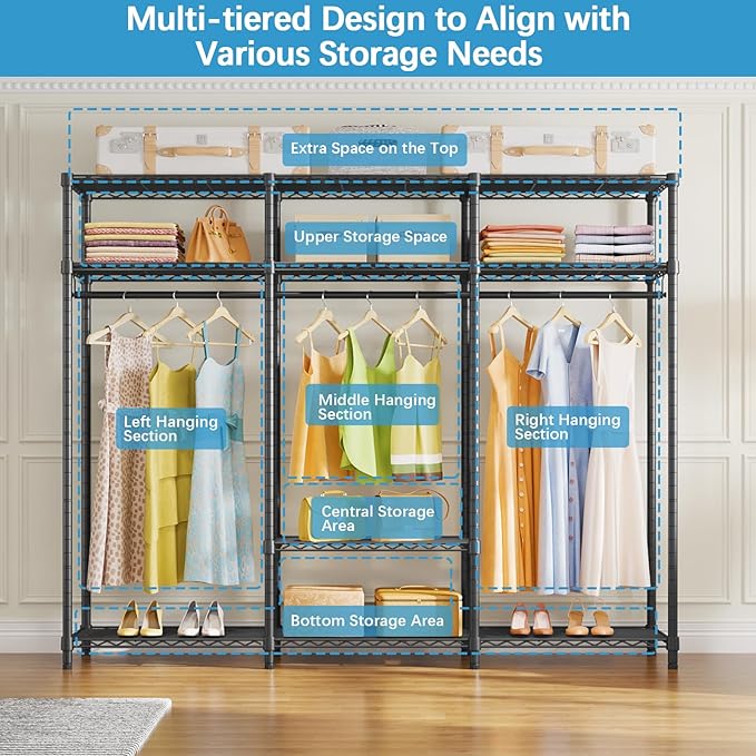 VIPEK V30 Heavy Duty Clothes Rack with 7 Adjustable Shelves & 2 Hang Rods, Portable Closet, Metal Clothing Rack, Freestanding Wardrobe Closet for Hanging Clothes, Max Load 870lbs