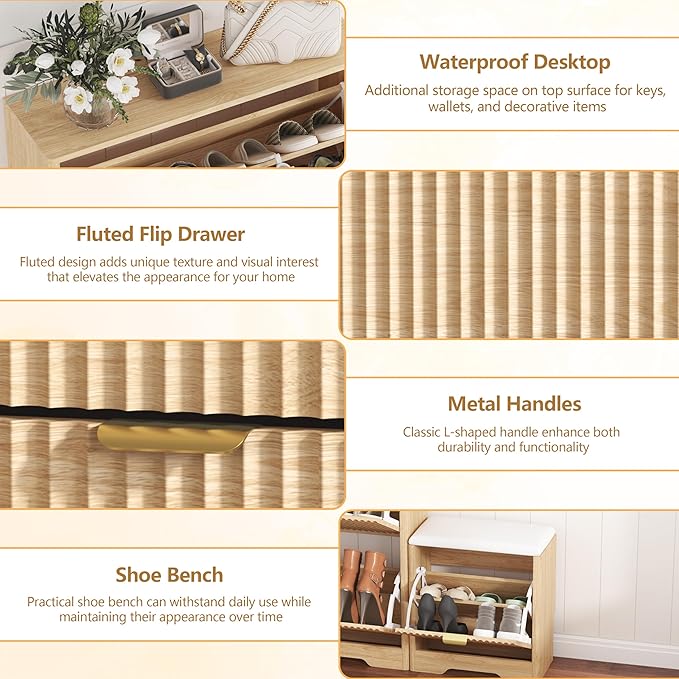 Shoe Cabinet Storage for Entryway with 4 Flip Drawers, Oak Fluted Shoe Cabinet with Bench, Wooden Hidden Shoe Rack Freestanding Narrow Slim Shoes Storage Organizer for Hallway, Entrance