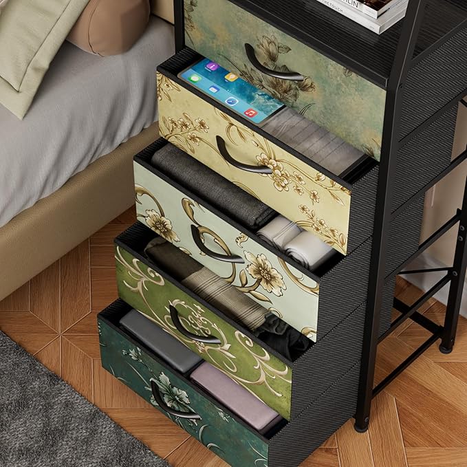 Furnulem Retro 5 Drawers Dresser, Tall Dressers for Bedroom, Closet, Hallway, Nursery, Fabric Storage Tower Organizer, Vertical Nightstand Side Table Furniture, Steel Frame, Wood Top