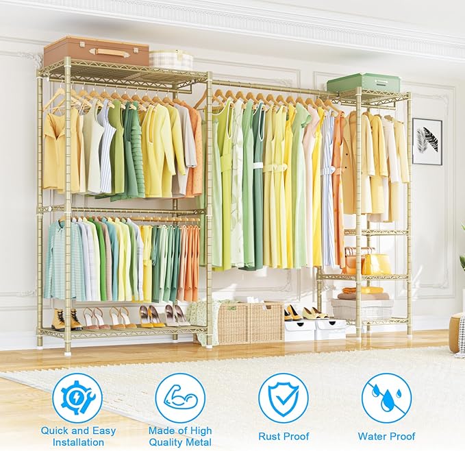 Ulif E10 Clothes Rack（With Stretchable Hanger Rod）Freestanding Clothing Racks for Hanging Clothes，Adjustable Closet Organizer System，Portable Garment Rack 73-97"W x 15" D x 72" H，Max Load 800LBS，Gold