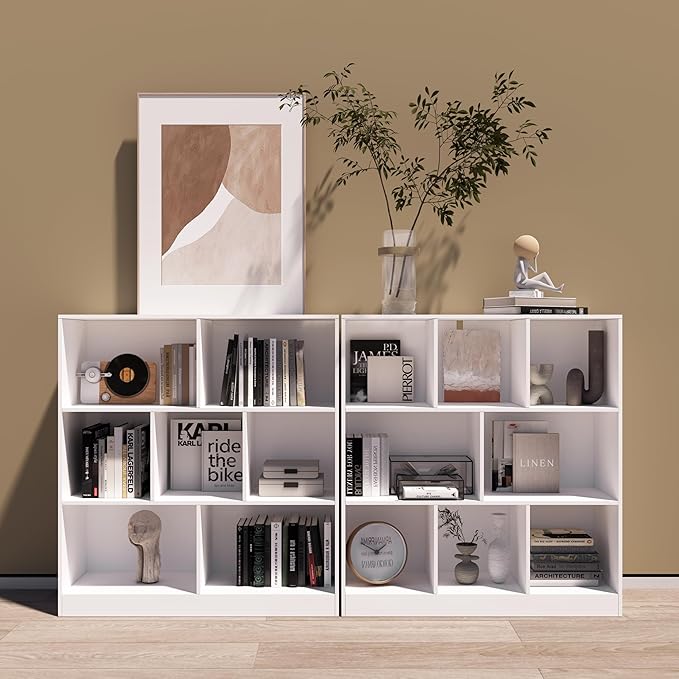 8-Cube Wooden Bookshelf with Base,3-Tier Freestanding Open Storage Organizer,Multi-Functional Bookcase for Living Room,Bedroom,Study and Office (White, 8-Cube)