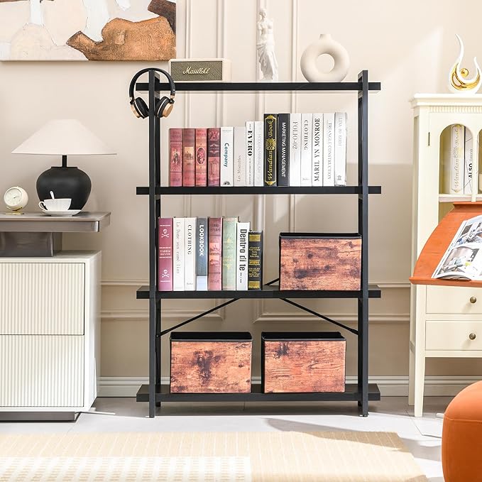 HCHQHS Bookshelf, 4-Tier Industrial Bookcase, Black Open Book Shelf, Freestanding Tall Bookshelves with Metal Frame