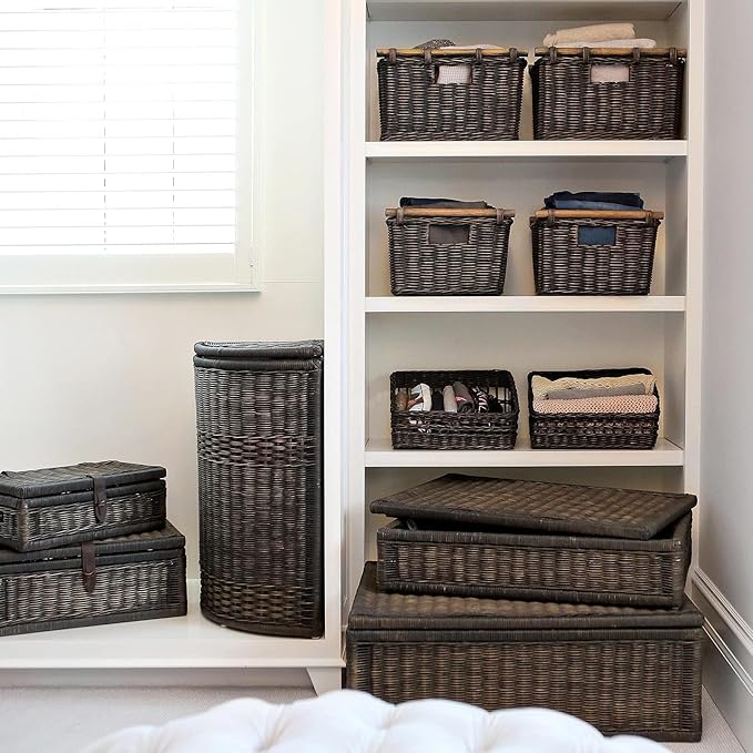 The Basket Lady Tall Narrow Wicker Storage Basket, Small, 16 in L x 9.5 in W x 10 in H, Antique Walnut Brown