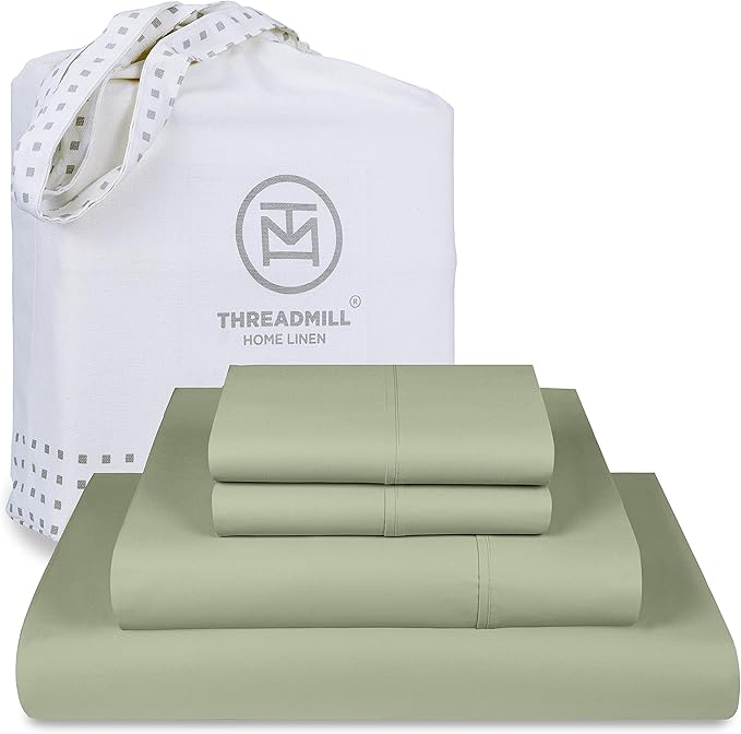 Threadmill 100% Cotton Sheets for Full Size Bed - 600 Thread Count Full Bed Sheets Set with 16” Deep Pocket - Sateen Weave 4-Piece Bedding Set with Cooling Effect, Sage Green