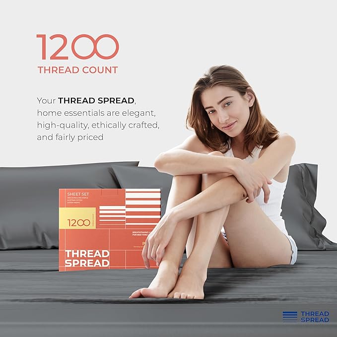 THREAD SPREAD 100% Egyptian Cotton Sheets Queen Size - 1200 Thread Count 4 PC Queen Sheet Set Egyptian Cotton, Sateen Luxury Sheets Queen Size, High Thread Count Sheets, 17" Deep Pocket - Dark Grey