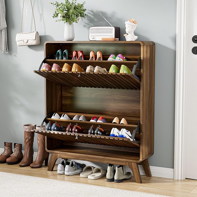 Fluted Narrow Shoe Cabinet for Entryway, Slim Wood Shoe Storage Cabinet with Flip Drawers, Bamboo Thin Shoe Rack Organizer for Entry Way, Hallway, Hidden, Walnut