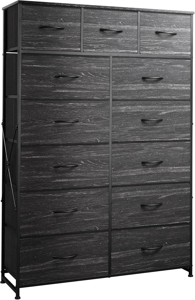 WLIVE Storage Organizer Unit with 13 Fabric Bins, Storage Drawers Organizer with Steel Frame, Tall Storage Tower Organizaton for Living Room, Hallway, Office, Charcoal Black Wood Grain Print