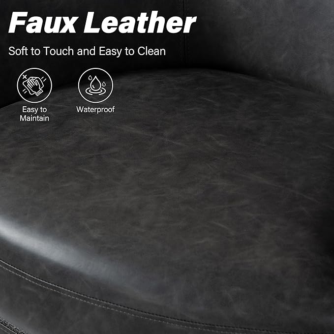 Swivel Barrel Chair, Modern Round PU Leather Accent Armchair for Living Room, Bedroom, Comfy Club Reading Chairs for Adults (Leather Black Grey, Set of 1)
