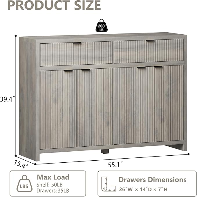 Fluted Sideboard Buffet Cabinet with Storage and Large Drawers, 55" W Credenza Storage Cabinet for Living Room or Entryway, 40'' H Farmhouse Buffet Table with Adjustable Shelves, Console Cabinet