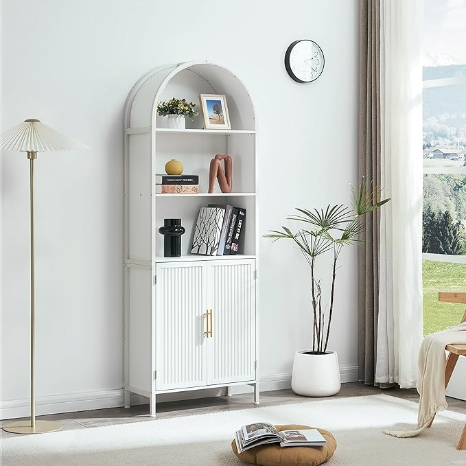 Arched Bookcase Book Shelf with Doors, 5 Tier Tall Display Bookshelf Cabinet with Storage, Industrial Floor Standing Bookshelves Open bookcases for Home Office, Living Room(White)
