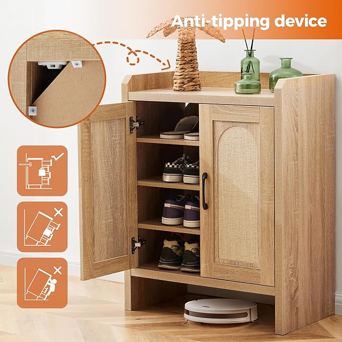 Shoe Cabinet Storage for Entryway, Natural Rattan Shoe Storage Cabinet, Wooden Shoe Rack Cabinet, Farmhouse Boho Wood Shoe Organizer Cabinet for Hallway