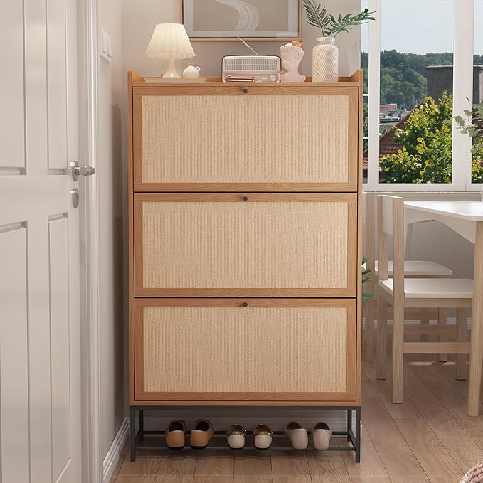 Narrow Shoe Storage Cabinet with 3 Flip Drawers, Freestanding Shoe Organizer Slim Shoe Cabinet Storage, Wooden Closed Shoe Rack for Entryway, Hallway, Living Room, Natural