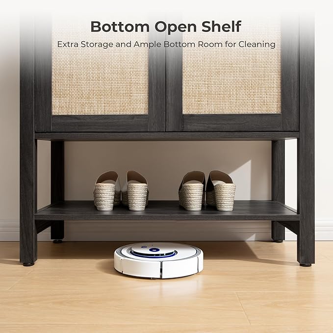 SICOTAS Rattan Shoe Storage Cabinet - 5 Tier Farmhouse Boho Shoe Storage Organizer Cabinet with Doors and Shelves, Tall Shoe Rack for Entryway, Hallway, Living Room, Closet (Obsidian)