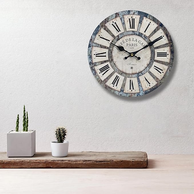 16 Inch Vintage Wall Clock, Roman Numerals Style, Battery Operated, Non-Ticking, Large Farmhouse Clock, Rustic Wall Decor, Perfect for Home, Kitchen, Living Room