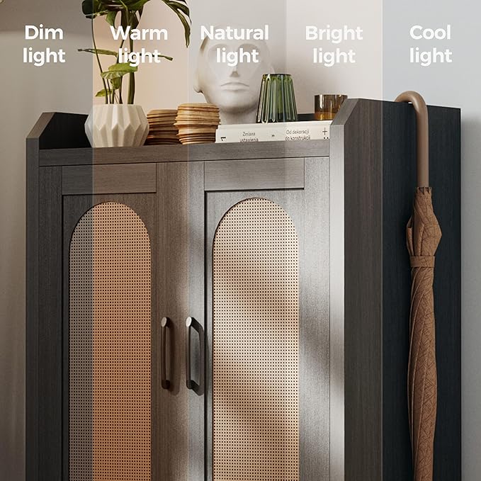 Shoe Cabinet Storage for Entryway, Natural Rattan Shoes Cupboard, Wooden Shoe Rack with Doors and Shelves, Farmhouse Boho Wood Shoe Organizer Cabinet for Hallway Black