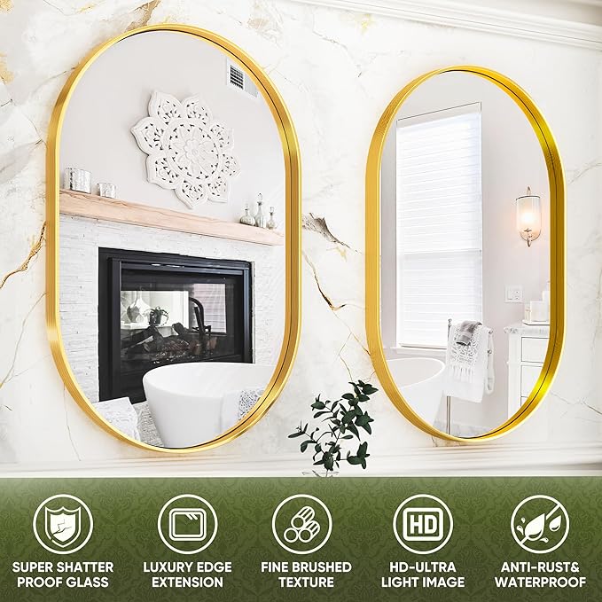 Suidia 22" x 30" Bathroom Mirror, Bathroom Vanity Mirror Metal Framed, Wall-Mounted Mirrors for Bedroom, Living Room, Entryway, Hallway, Gold, Oval Style