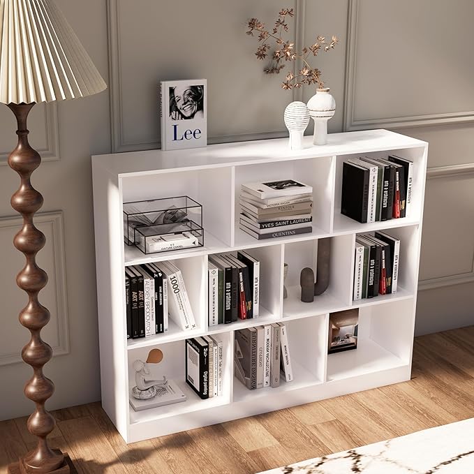 10-Cube Wooden Bookshelf with Base,3-Tier Freestanding Open Storage Organizer,Multi-Functional Bookcase for Living Room,Bedroom,Study and Office (White, 10-Cube)