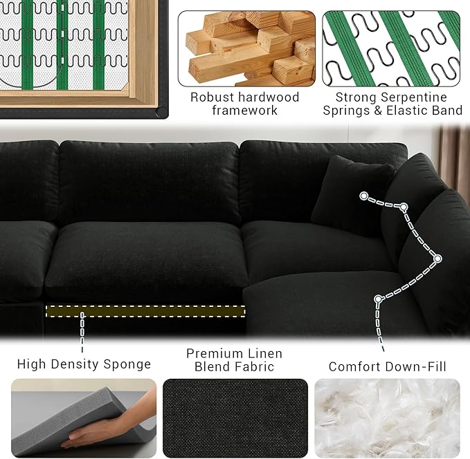 110.8" Oversized Cloud Sectional Couches for Living Room, Comfy Down Filled Couch, Convertible 5 Seater V Shaped Modular Couch, Deep Seat Modular Sectional Sofa with Removable Covers, Black