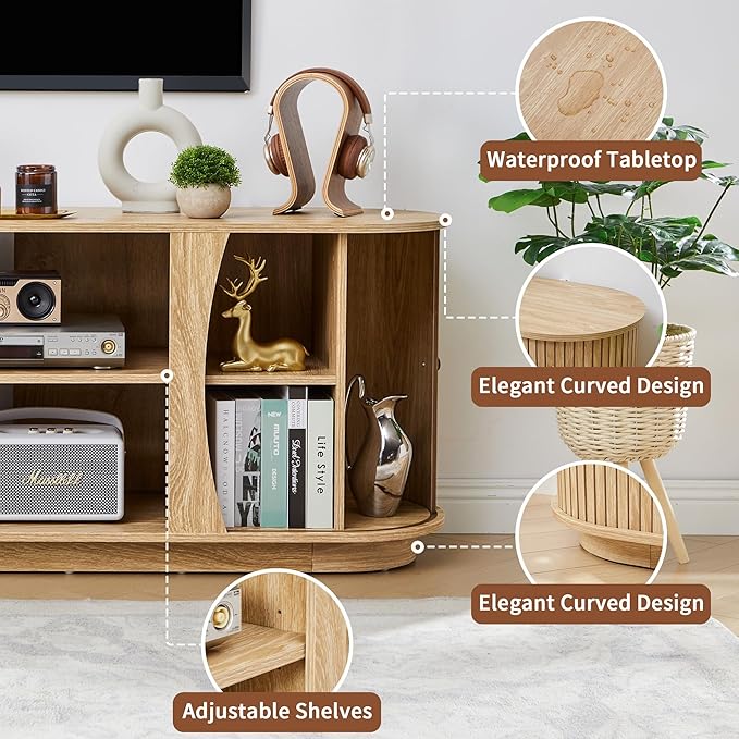Turtle & Myrtle 63" Mid Century Modern TV Stand for Tvs up to 70", Fluted TV Media Console Table with Storage and Adjustable Shelves, Curved Edge Entertainment Center for Living Room(Natural)