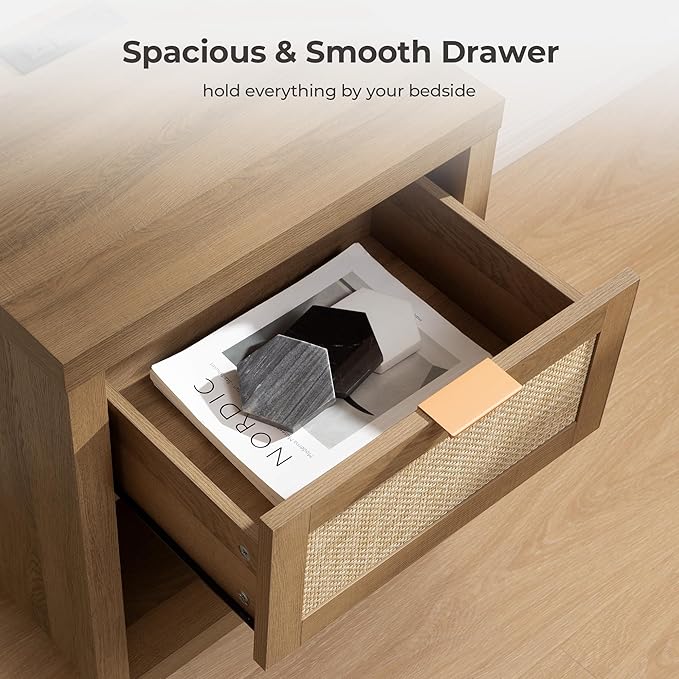 SICOTAS Rattan Nightstand - Farmhouse Night Stand with Drawer and Storage Shelf - Boho Bedside Table - End Side Table for Bedroom,Oak