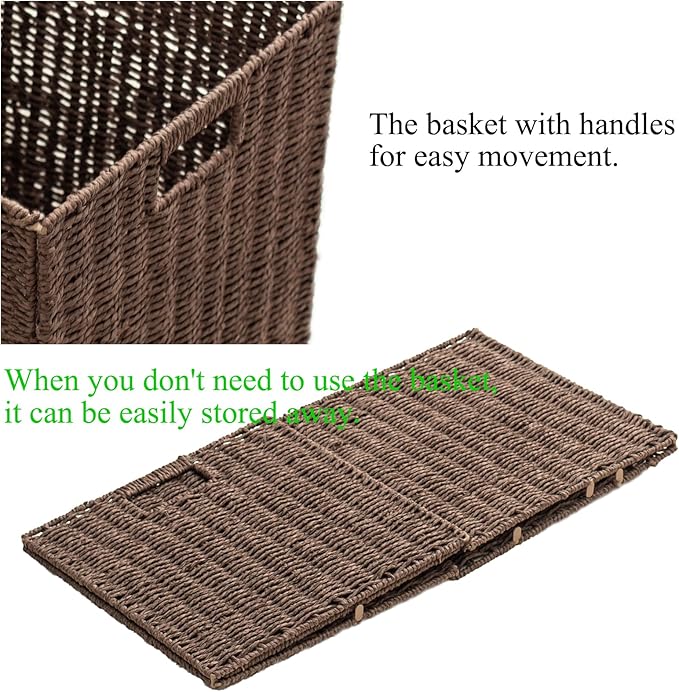 Handwoven Paper Woven Cube Basket Organizer with Handles set of 4 Foldable Storage baskets for Bedroom Living Room Cubby Storage Units for Clothes Books Toys (Brown, 13" L x 13" W x 13" H)