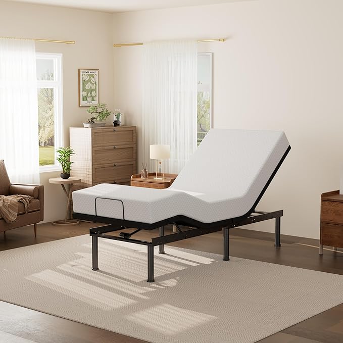 Twin XL Adjustable Bed Base Frame and 12 inch Green Tea Memory Foam Mattress, Electric Bed Base Wireless Remote, Zero Gravity Bed, Head and Foot Incline, Anti-Snore,Easy Assembly