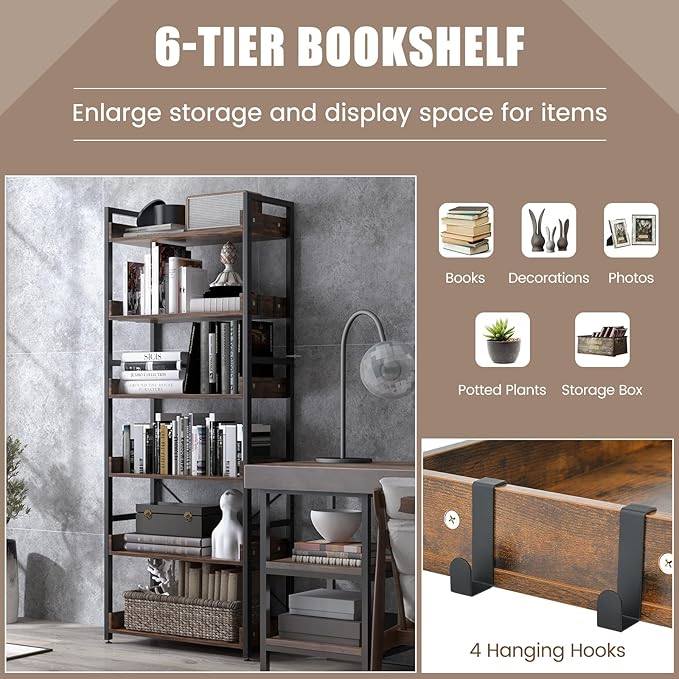 Tangkula 6-Tier Bookshelf, 70” Tall Industrial Bookcase w/Open Shelves & 4 Hooks, Storage Rack w/Metal Frame, Vintage Standing Display Rack for Study Living Room Kitchen (2, Rustic Brown)
