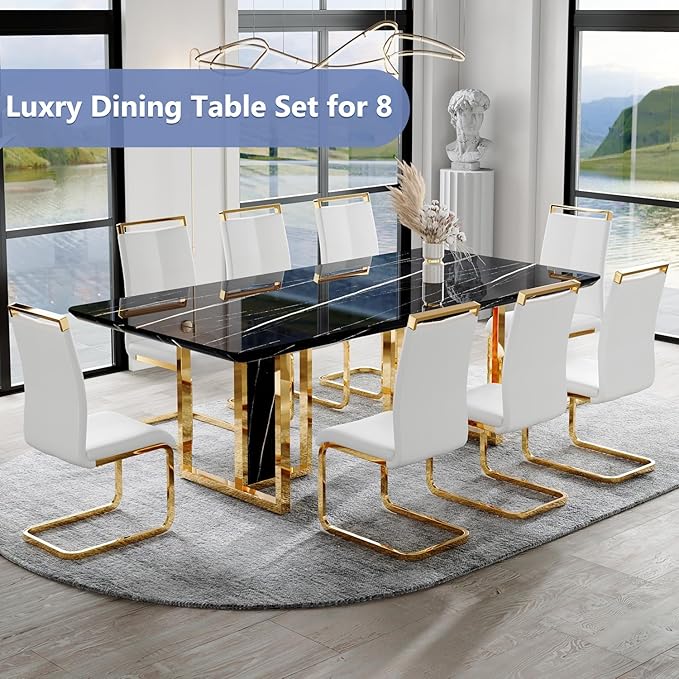 JUFU Dining Table Set for 8, 79'' Kitchen Table Chairs Set with Glossy Faux Mareble Table Top, Black Rectangle Dining Room Table Set for 8, 9 Piece Kitchen Table and Chairs Set for Kitcken Dining Room