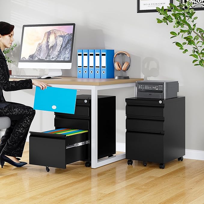 3 Drawer File Cabinet with Lock,Under Desk File Cabinet with Wheels,Black Rolling Filing Cabinets,Three Drawer Metal Filing Cabinet for Home Office,Fit A4/Letter/Legal File,- Assembly Required