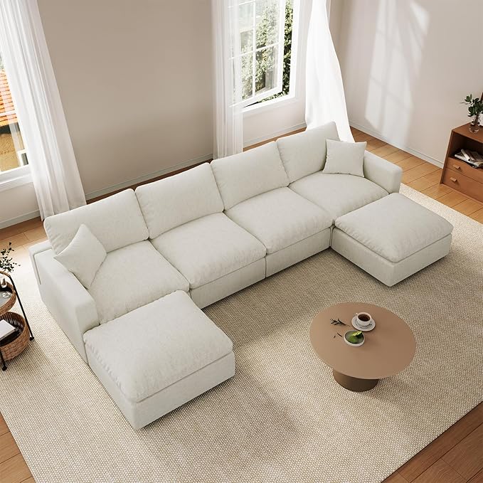 Cloud Couch Modular Sectional Sofa, 123.8" 6-Seater U Shaped Sectional Couches for Living Room, Convertible Cloud Sofa with Ottoman, Down Filled Wide & Deep Seat, Removable Washable Cushion Covers