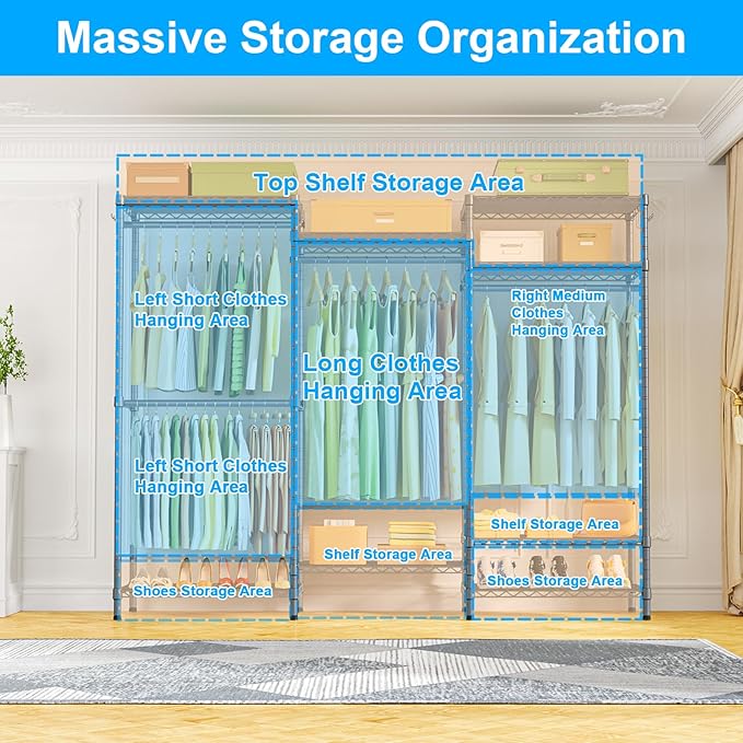 Ulif E13 Heavy Duty Clothes Rack（With 4 Hanger Rods & 8 Shelves） Freestanding Clothing Racks for Hanging Clothes，Adjustable Closet Organizer，Metal Garment Rack 63" W x16 D x77 H，Max Load 900LBS，Grey