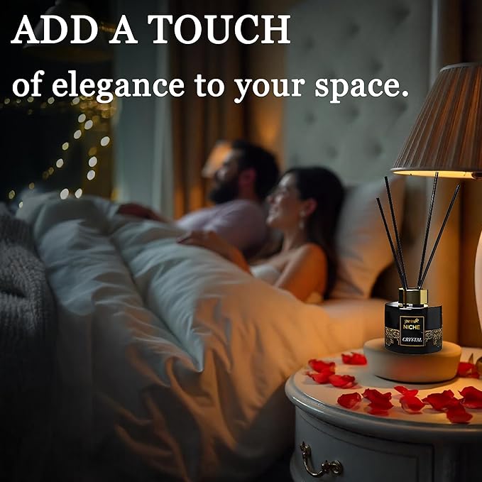 Luxury Jasmine NICHE Reed Diffuser Set 5.41 fl oz Long Lasting Home Fragrance Aromatherapy Diffuser with 6 Sticks Black Gold Bottle for Bedroom Bathroom Living Room Office Home Décor (Crystal)