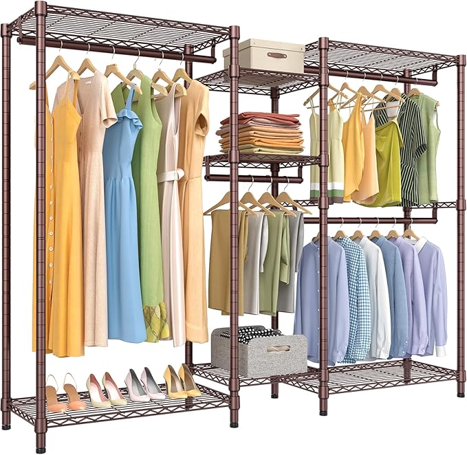 VIPEK Classic V6 Wire Garment Rack Heavy Duty Clothes Rack for Hanging Clothes, 5 Tiers Freestanding Closet Rack Large Size Metal Clothing Rack with 7 Shelves & 4 Hanging Rods, Max Load 850LBS, Bronze
