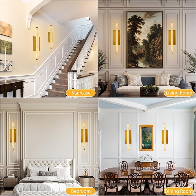 Alabaster Wall Sconces Set of Two, 25" Brass Alabaster Sconce, Spanish Natural Marble Wall Sconce Lamp Indoor, Rectangle Modern Sconces Lighting for Bathroom Living Room Bedroom Stairs Hallway