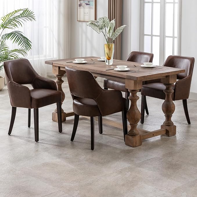 Modern Dining Chairs Set of 4 Upholstered Faux Leather Accent Side Chair with Mid Open Back & Wood Legs, Arm Chair for Home Kitchen and Restaurant, PU Brown