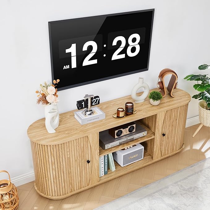 Turtle & Myrtle 63" Mid Century Modern TV Stand for Tvs up to 70", Fluted TV Media Console Table with Storage and Adjustable Shelves, Curved Edge Entertainment Center for Living Room(Natural)