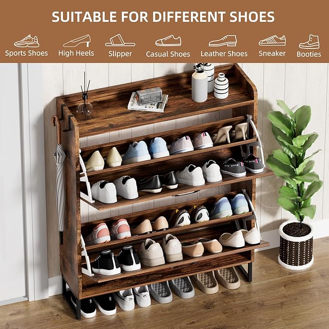 Urban Deco Shoe Storage Cabinet for Entryway, Organizer Shoe Cabinet with 2 Flip Drawers, Elegant 2 Tier Freestanding Shoe Cabinet (Brown)