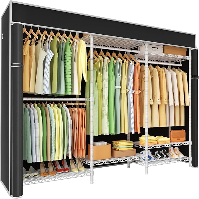 Ulif E13C Heavy Duty Closet Organizer System，Freestanding Clothing Racks for Hanging Clothes，Adjustable Garment Rack 63" W x 16" D x 77" H Hold 960 lbs，White Clothing Rack with Black Dustproof Cover