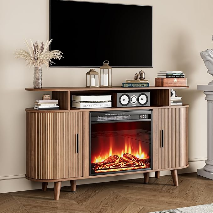 Fireplace TV Stand for TVs Up to 65 Inch, Modern Fireplace Entertainment Center with Sliding Doors and Adjustable Shelves, Media Console Table for Living Room Bedroom, Walnut (Fireplace tv Stand)