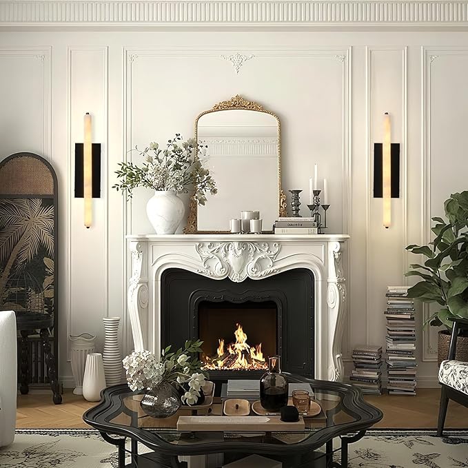 Alabaster Wall Sconces, 25" Black Alabaster Sconce, Spanish Natural Marble Wall Sconce Lamp Indoor, Rectangle Modern Sconces Lighting for Bathroom Living Room Bedroom Stairs Hallway