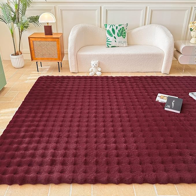 Wine Red Rabbit Plush Area Rug for Bedroom Living Room Sofa,6'X9' Faux Fur Fluffy Shaggy Rectangular Square Rug for Kids Teen Girls Room,Furry Carpet Rug for Nursery Baby Room Decor for Teenage