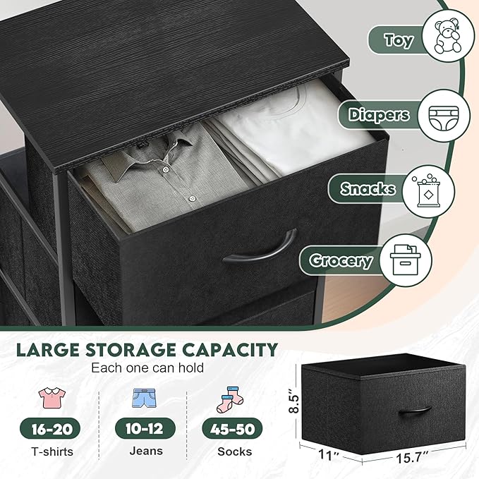 5 Fabric Drawer Dresser for Bedroom, Chest of Drawers with Waterproof Wood Top Tall Dresser for Hallway, Living Room, Kid Room (Charcoal Black)